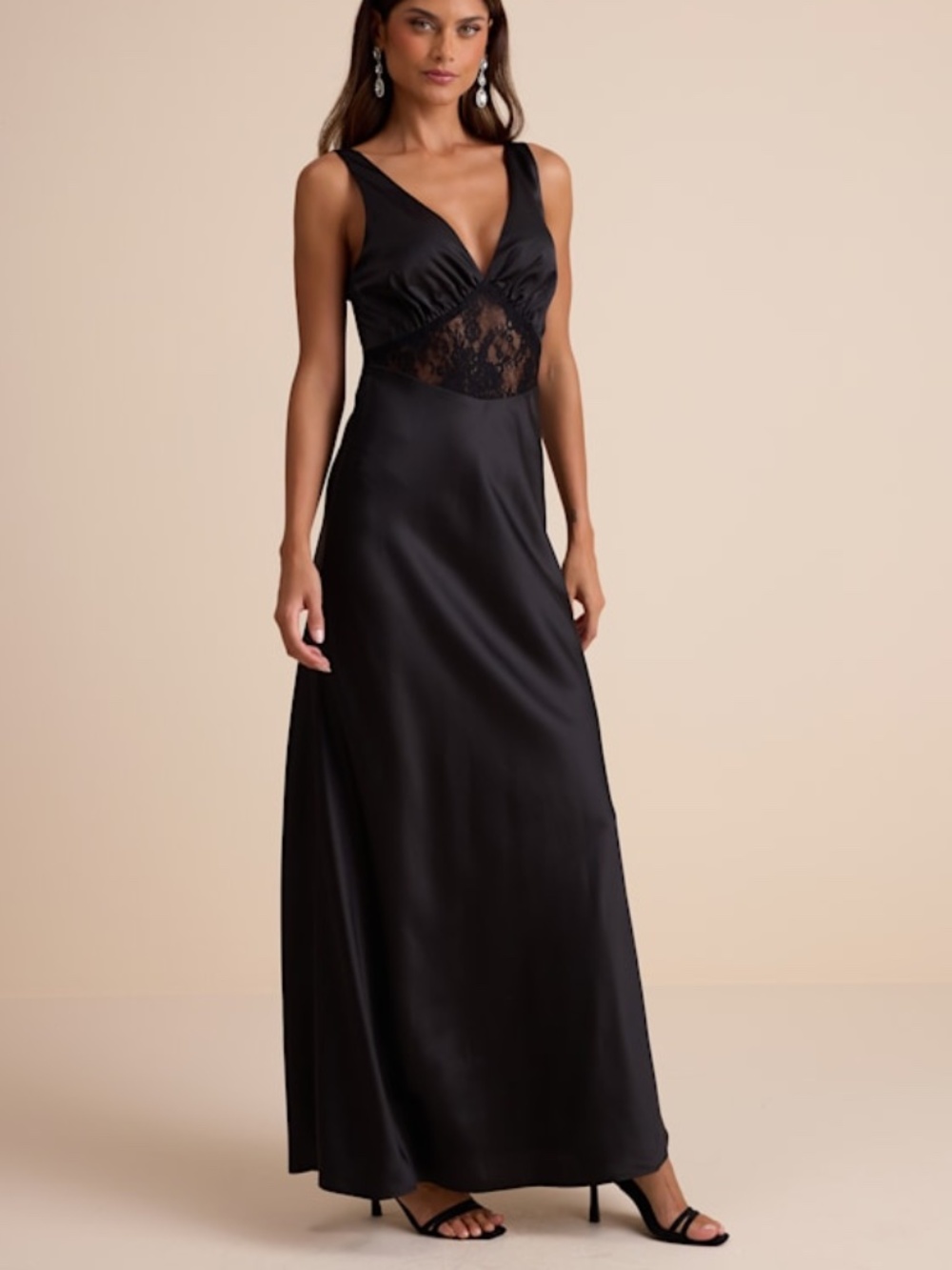 Lulus Toulouse Black Satin Lace Maxi Dress - Size Medium